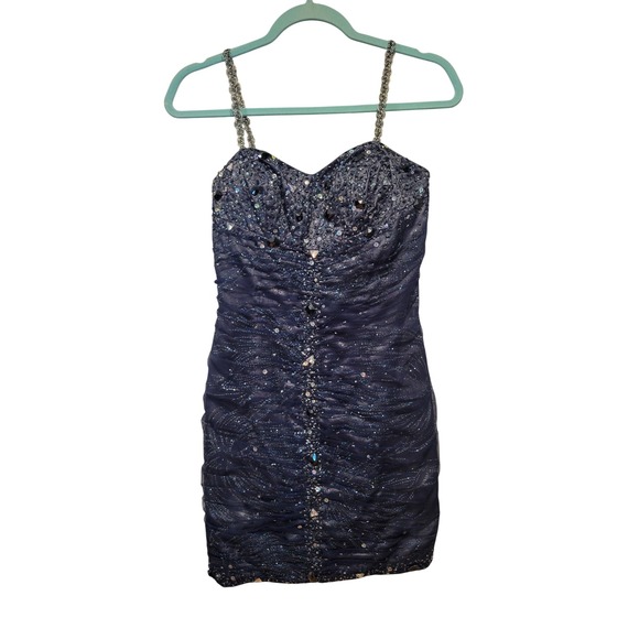 Jump Apparel S Cobalt Blue Silver Sequin Beads Mini Dress Fairy Whimsy Glitter‎ - Picture 1 of 7